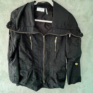 Venezia Milano Black Hooded Long Rain Jacket Gold Zippers Size XS No Belt Lined